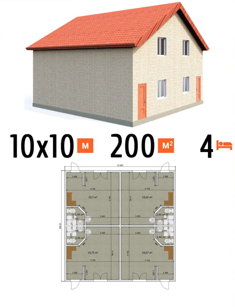 Проект гостиницы 200 кв.м 4 номера 10 на 10 двухэтажная - цена постройки фото и планы