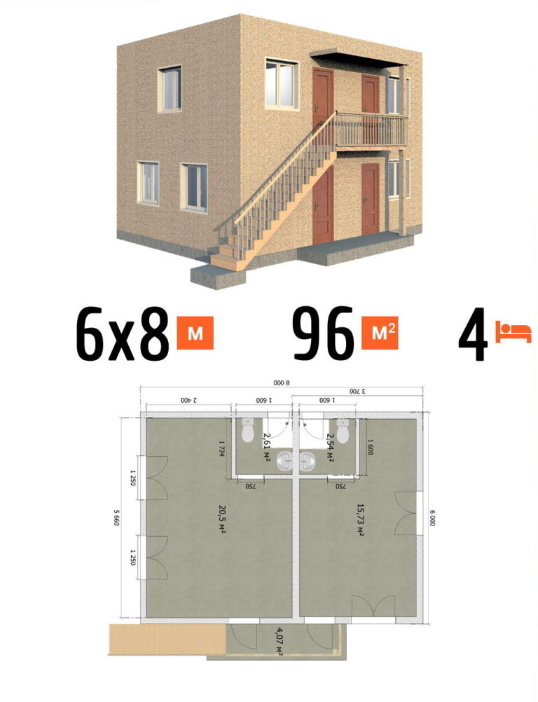Проект гостиницы 96 кв.м 4 номера 6 на 8 двухэтажная - цена под ключ фото и планы