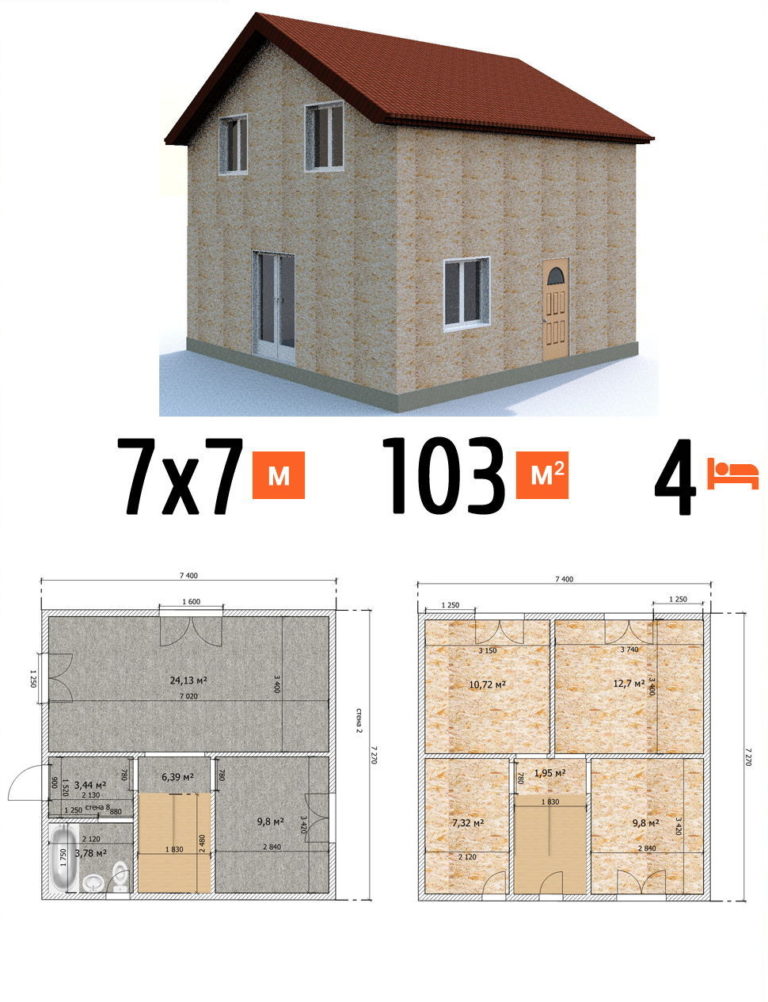 Проект дома 103 кв.м 4 спальни 7 на 7 двухэтажный - цена строительства фото и планы