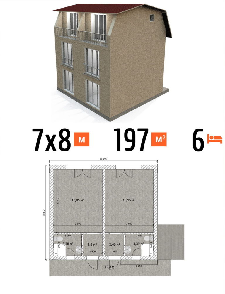 Проект гостиницы 197 кв.м 6 номеров 7 на 8 трехэтажная - цена строительства фото и планы