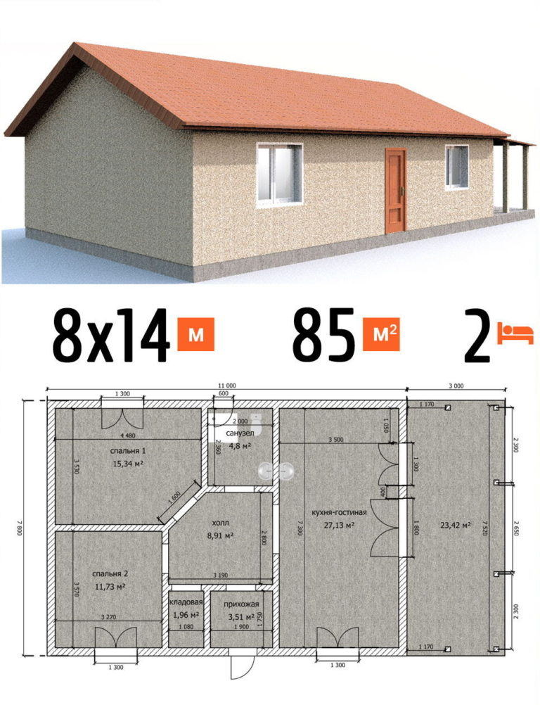 Проект дома 85 кв.м 2 спальни 8 на 11 одноэтажный - цена под ключ фото и планы