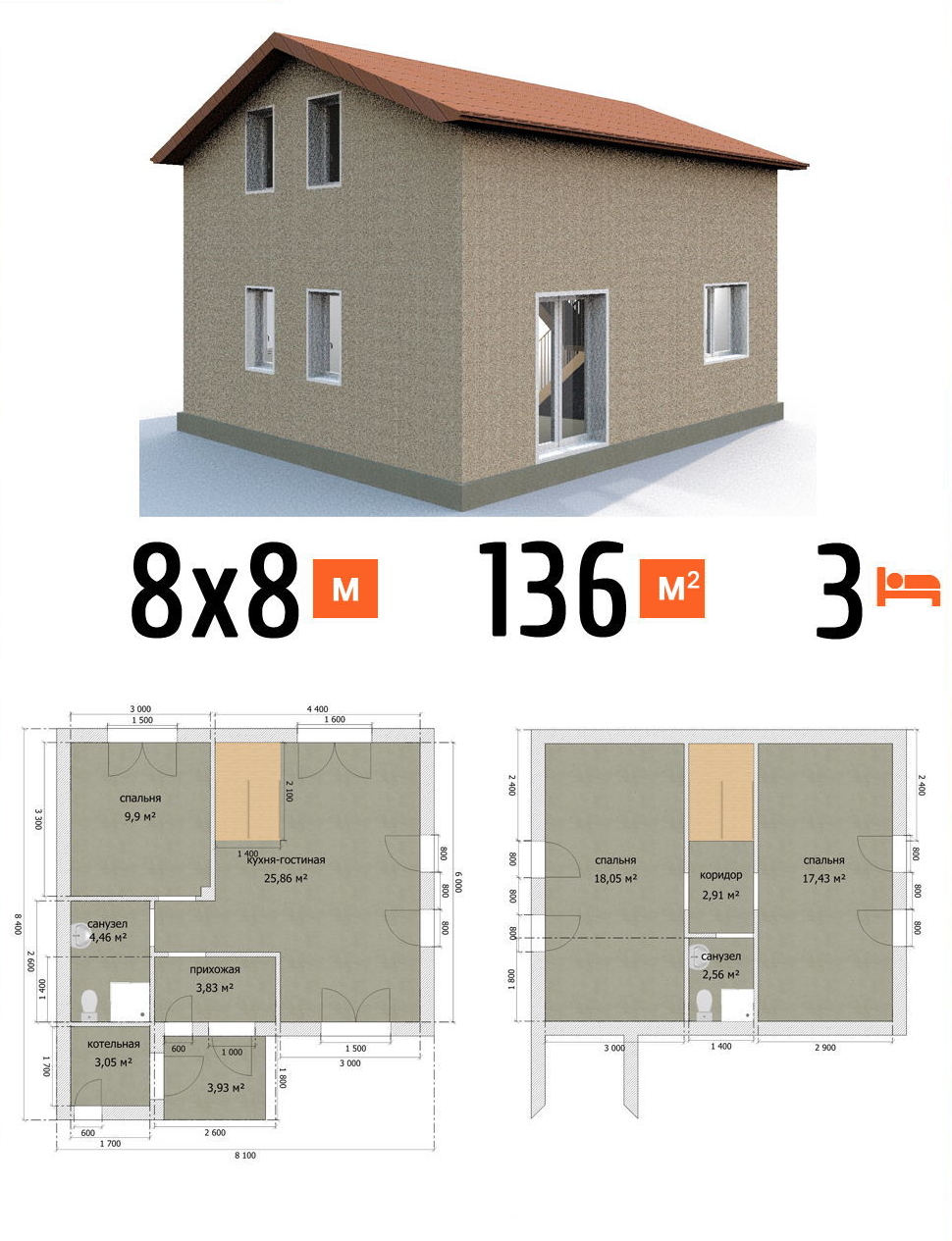 Проект дома 136 кв.м 3 спальни 8 на 8 двухэтажный - расчет под чистовую фото и планы