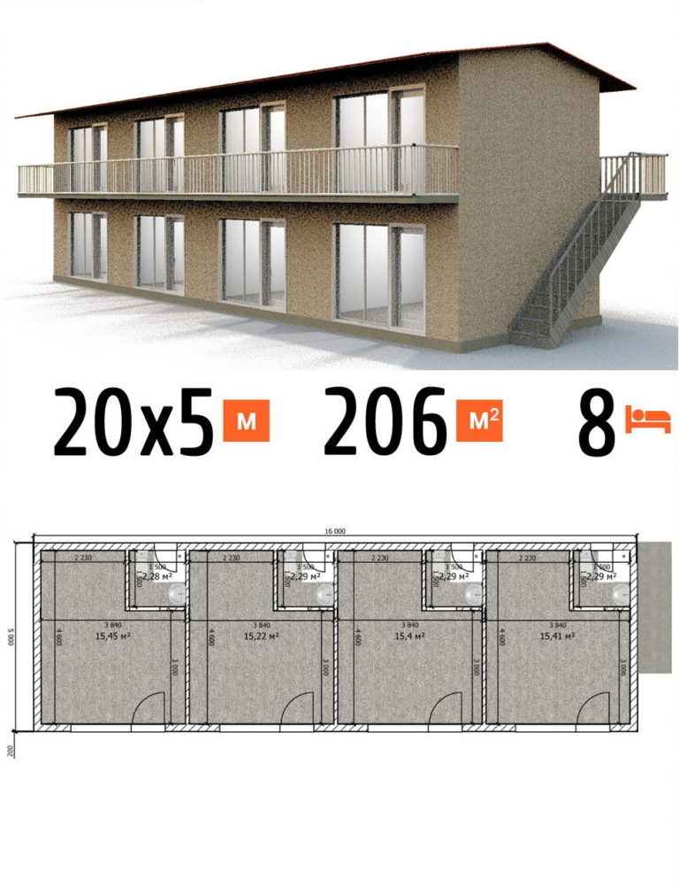 Проект гостиницы 205 кв.м 8 номеров 5 на 20 двухэтажная - расчет постройки фото и планы