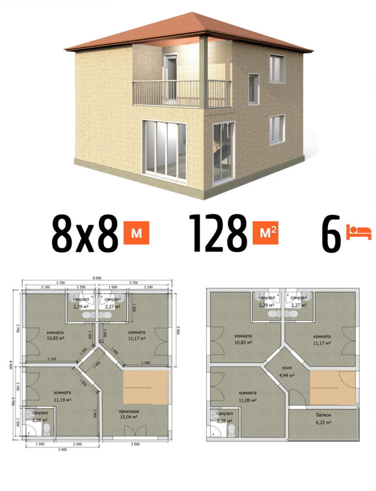 Проект гостиницы 128 кв.м 6 номеров 8 на 8 двухэтажная - цена постройки фото и планы