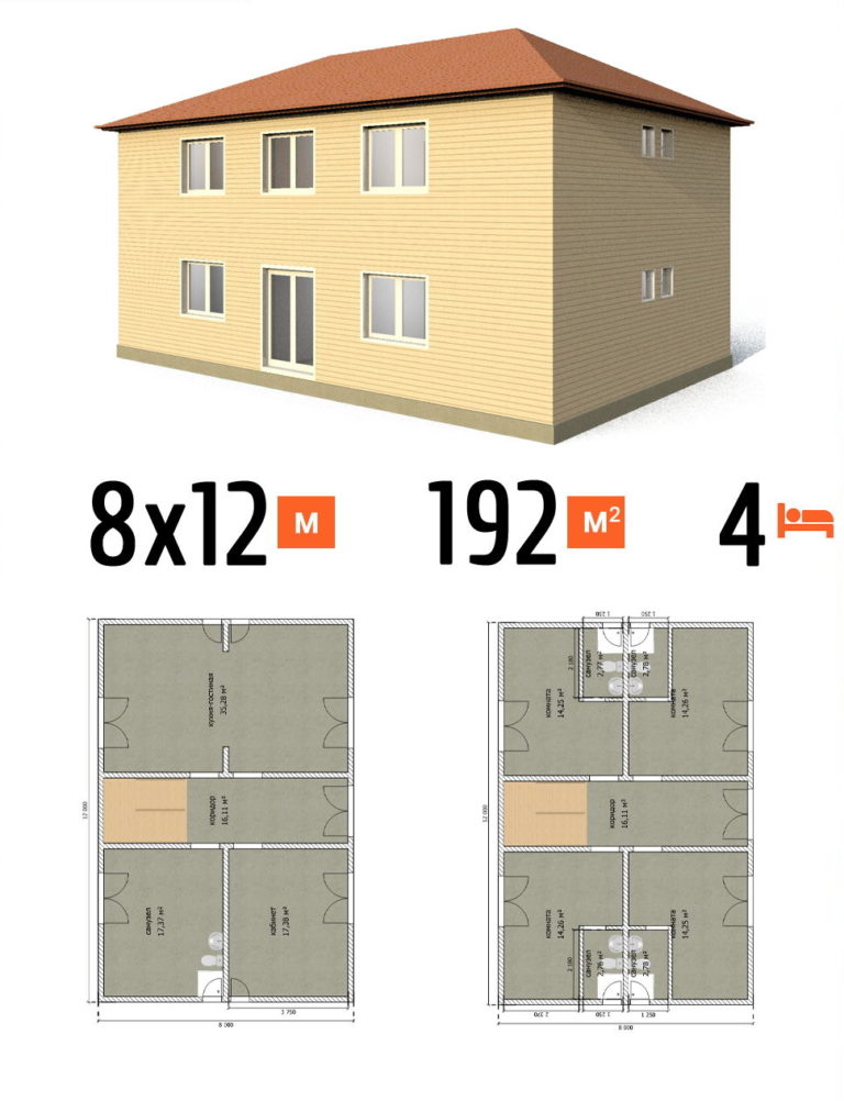 Проект гостиницы 192 кв.м 4 номера 8 на 12 двухэтажная - стоимость строительства фото и планы