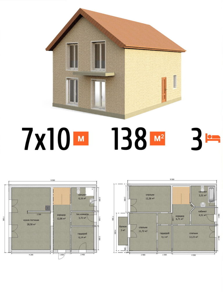 Проект дома 138 кв.м 3 спальни 7 на 10 двухэтажный - цена строительства фото и планы
