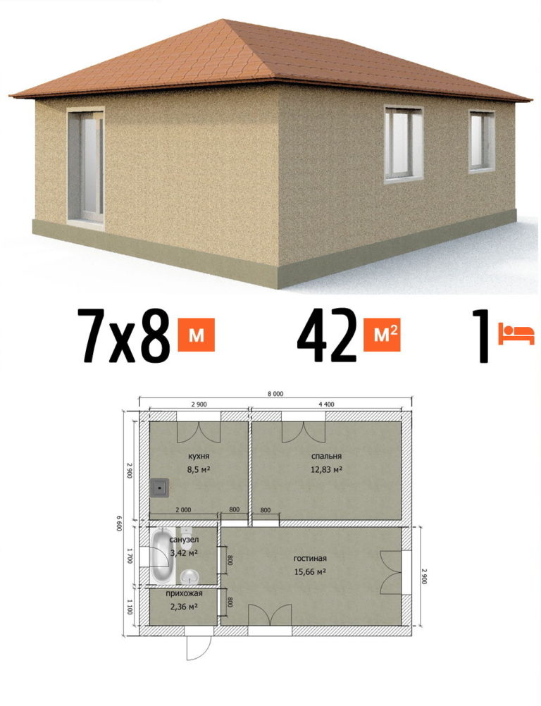 Проект дома 42 кв.м 1 спальня 7 на 8 одноэтажный - стоимость под ключ фото и планы