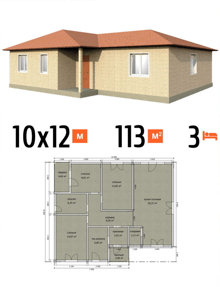Проект дома 113 кв.м 3 спальни 10 на 12 одноэтажный - цена строительства фото и планы